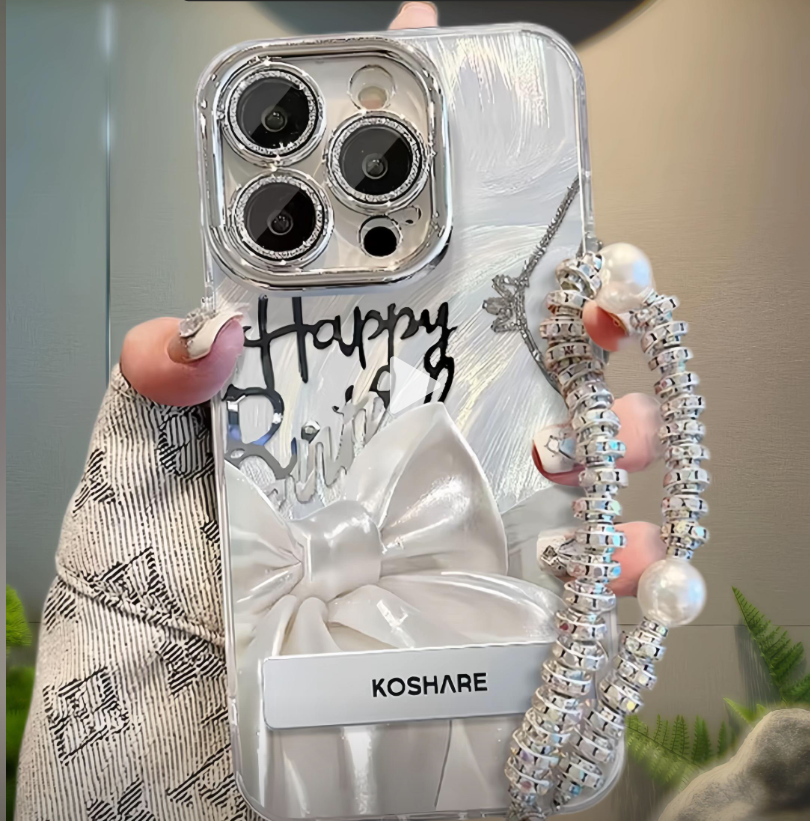 White Bow Happy Birtis Text Phone Case With Rhinestone Pearl Strap For iPhone